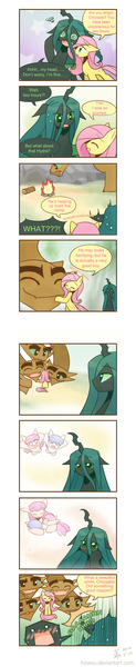 Size: 891x4333 | Tagged: artist:howxu, blushing, chrysalis's fluttered adventure, chrysashy, comic, derpibooru import, female, fluttershy, hydra, lesbian, multiple heads, queen chrysalis, safe, shipping, smiling, when she smiles