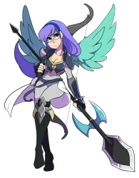 Size: 1280x1640 | Tagged: safe, artist:ssenarrya, derpibooru import, oc, oc:iris, unofficial characters only, human, pegasus, pony, armadyl, armor, bow (weapon), glasses, humanized, solo, spear, weapon, winged humanization, wings