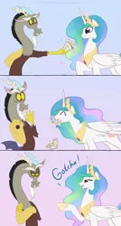 Size: 749x1400 | Tagged: safe, artist:celestiathegreatest, derpibooru import, discord, princess celestia, twilight's kingdom, bedroom eyes, bouquet, dislestia, eating, eyes closed, female, flower, frown, gotcha, horses doing horse things, male, nom, open mouth, parody, pointing, puffy cheeks, raised hoof, scene parody, shipping, smiling, straight, trollestia, unamused, wavy mouth, wide eyes