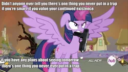 Size: 960x540 | Tagged: alicorn, caption, derpibooru import, doctor who, edit, gun, handgun, hub logo, image macro, meme, pistol, roflbot, safe, screencap, solo, super saiyan princess, text, twilight's kingdom, twilight sparkle, twilight sparkle (alicorn), weapon