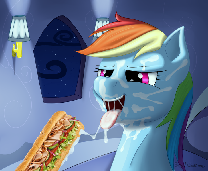 Size: 1167x960 | Tagged: artist:formalgentleman edits, censored, derpibooru import, edit, female, food, not porn, oral, questionable, rainbow dash, sandwich, sex, solo, solo female, that's not mayonnaise