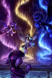 Size: 1000x1500 | Tagged: safe, artist:assasinmonkey, derpibooru import, princess cadance, princess celestia, princess luna, twilight sparkle, twilight sparkle (alicorn), alicorn, pony, twilight's kingdom, alicorn tetrarchy, aurora borealis, aurora crystialis, bipedal, bipedal leaning, female, floppy ears, fluffy, leaning, looking up, mare, messy mane, scene interpretation, smiling, spread wings, wings