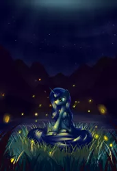 Size: 1950x2850 | Tagged: artist:grennadder, derpibooru import, firefly (insect), grass, insect, night, princess luna, safe, solo