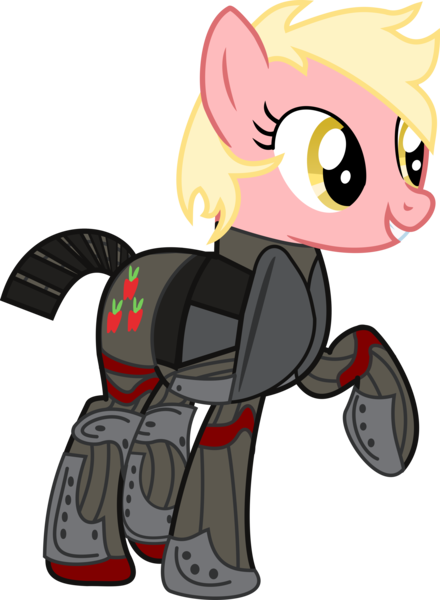 Size: 4000x5460 | Tagged: safe, artist:incognito-i, derpibooru import, oc, oc:strawberry lemonade, unofficial characters only, earth pony, pony, fallout equestria, applejack's rangers, armor, grin, power armor, raised hoof, simple background, smiling, solo, steel ranger, transparent background, vector