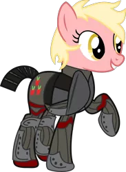 Size: 4000x5460 | Tagged: safe, artist:incognito-i, derpibooru import, oc, oc:strawberry lemonade, unofficial characters only, earth pony, pony, fallout equestria, applejack's rangers, armor, grin, power armor, raised hoof, simple background, smiling, solo, steel ranger, transparent background, vector