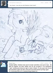 Size: 511x706 | Tagged: artist:tinuleaf, ask, ask rainbow dash family, comic, derpibooru import, father and child, father and daughter, female, male, monochrome, oc, oc:white whirl, offspring, parent:rainbow dash, parent:soarin', parents:soarindash, safe, soarin', tumblr