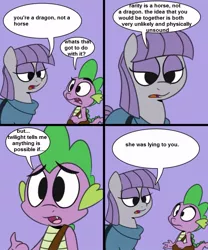 Size: 816x979 | Tagged: safe, artist:epulson, derpibooru import, edit, maud pie, rarity, spike, dragon, earth pony, pony, anti-shipping, brutal honesty, comic, frown, maud and spike's chat, misspelling, open mouth, shipping denied, speech bubble, wide eyes