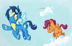 Size: 1500x966 | Tagged: safe, artist:blimpslap, derpibooru import, scootaloo, soarin', pegasus, pony, clothes, cloud, cloudy, duo, eyes closed, flying, goggles, rainbow trail, scootaloo can fly, sky, uniform, wonderbolts, wonderbolts uniform