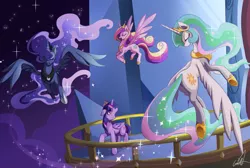 Size: 1200x806 | Tagged: safe, artist:grasspainter, derpibooru import, princess cadance, princess celestia, princess luna, twilight sparkle, twilight sparkle (alicorn), alicorn, pony, twilight's kingdom, alicorn tetrarchy, balcony, eyes closed, female, flying, mare, open mouth, scene interpretation, singing, you'll play your part