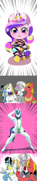 Size: 500x2393 | Tagged: questionable, artist:naoki, derpibooru import, big macintosh, hoity toity, prince blueblood, princess cadance, shining armor, soarin', earth pony, pony, 4koma, bare chest, clothes, comic, exploitable meme, male, meme, partial nudity, pixiv, reaction guys, stallion, topless, wat