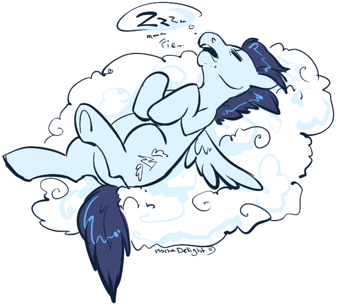 Size: 695x632 | Tagged: artist:clovercoin, cloud, derpibooru import, eyes closed, legs in air, old cutie mark, on back, onomatopoeia, open mouth, safe, sleeping, soarin', solo, sound effects, spread wings, underhoof, wings, zzz