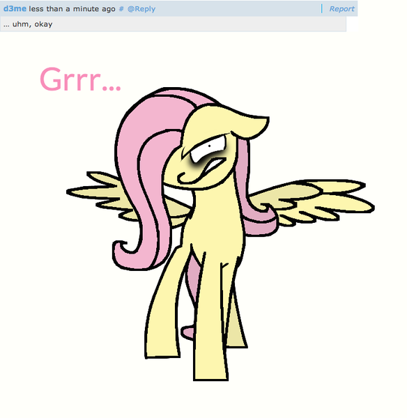 Size: 719x739 | Tagged: angry, artist:ponycakesofsweetness, ask, @d3me, derpibooru import, floppy ears, fluttershed, fluttershy, gritted teeth, growling, looking at you, .mov, murdershy, question, reply, safe, shed.mov, solo, spread wings, tumblr, wide eyes, wings