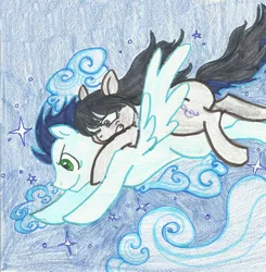 Size: 1532x1563 | Tagged: safe, artist:enigmaticfrustration, derpibooru import, octavia melody, soarin', earth pony, pegasus, pony, backwards cutie mark, crack shipping, female, flying, male, mare, night, ponies riding ponies, riding, shipping, soartavia, stallion, straight, traditional art