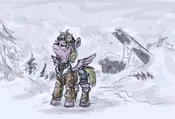 Size: 1280x870 | Tagged: safe, artist:agm, derpibooru import, oc, oc:dazzling "dodo" dusk, unofficial characters only, pegasus, pony, fallout equestria, fallout equestria: the fossil, clothes, fanfic art, goggles, hoof boots, jacket, ruins, shorts, snow, snowfall, solo, tree