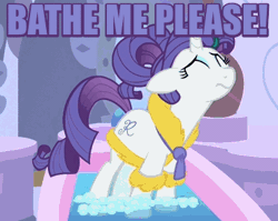 Size: 370x294 | Tagged: safe, derpibooru import, edit, screencap, rarity, pony, unicorn, green isn't your color, animated, bath, bathrobe, blinking, bronybait, caption, clothes, cute, eyes closed, female, floppy ears, frown, gritted teeth, image macro, mare, meme, open mouth, ponytail, pouting, purple text, raribetes, robe, sad, solo, talking, text