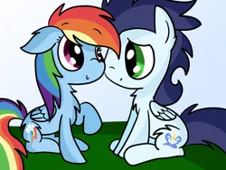 Size: 1024x768 | Tagged: safe, artist:sparkle-bliss, derpibooru import, rainbow dash, soarin', chest fluff, female, male, raised leg, shipping, sitting, smiling, soarindash, straight, wide eyes