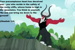 Size: 792x531 | Tagged: bible, bible verse, christianity, derpibooru import, edit, edited screencap, exploitable meme, judaism, lord tirek, lord tirek's outstretched arms, meme, obadiah, religion, safe, screencap, solo, text, verse