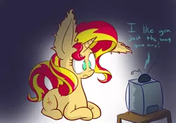 Size: 1000x700 | Tagged: safe, artist:heir-of-rick, derpibooru import, sunset shimmer, pony, unicorn, impossibly large ears, mister rogers, mister rogers' neighborhood, solo, teary eyes, television