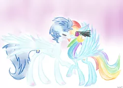 Size: 1024x731 | Tagged: safe, artist:swirlyquill, derpibooru import, rainbow dash, soarin', blushing, eyes closed, female, kissing, male, raised leg, shipping, shocked, soarindash, spread wings, straight, wings