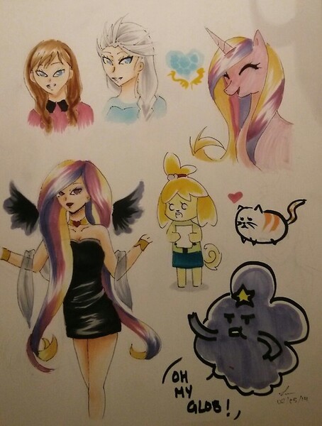 Size: 500x661 | Tagged: adventure time, animal crossing, anna, artist:humm-ii, derpibooru import, elsa, frozen (movie), human, humanized, isabelle, lumpy space princess, princess cadance, safe, sketch, sketch dump, traditional art