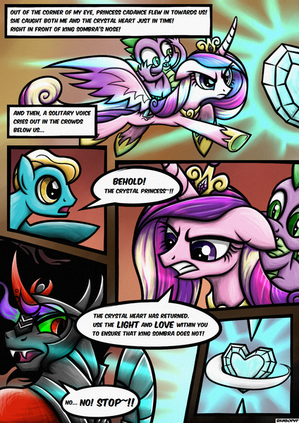 Size: 1240x1754 | Tagged: safe, artist:rambopvp, derpibooru import, bright smile, castle (crystal pony), king sombra, princess cadance, spike, crystal pony, pony, the crystal empire, comic, crystal empire, crystal heart, scene interpretation