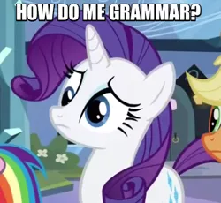 Size: 388x357 | Tagged: applejack, caption, derp, derpibooru import, equestria games (episode), grammar, image macro, meme, rainbow dash, rarity, safe, screencap, text