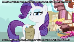 Size: 1058x595 | Tagged: caption, derpibooru import, edit, edited screencap, fetish, grin, hoof fetish, image macro, meme, rarity, rarity's fetish, screencap, smiling, solo, suggestive, text