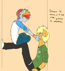 Size: 945x1037 | Tagged: safe, artist:arantzitahermoxa, derpibooru import, applejack, rainbow dash, anthro, appleblitz (gay), appledash, applejack (male), female, gay, lesbian, male, rainbow blitz, rule 63, shipping, spanish