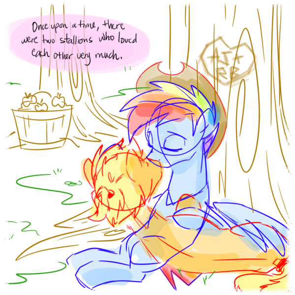 Size: 700x700 | Tagged: safe, artist:sketchyjackie, derpibooru import, applejack, rainbow dash, apple, appleblitz (gay), appleblitz - fable, appledash, applejack (male), doodle, female, food, gay, lesbian, male, rainbow blitz, rule 63, shipping, short mane, sleeping