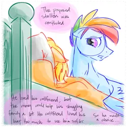 Size: 700x700 | Tagged: safe, artist:sketchyjackie, derpibooru import, applejack, rainbow dash, appleblitz (gay), appleblitz - fable, appledash, applejack (male), bed, female, gay, lesbian, male, rainbow blitz, rule 63, sad, shipping