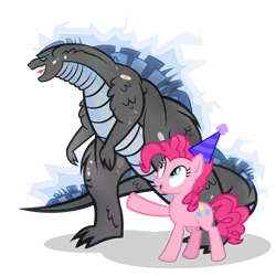 Size: 1200x1200 | Tagged: safe, artist:pixelkitties, derpibooru import, pinkie pie, earth pony, kaiju, pony, bandaid, crossover, godzilla, godzilla (series), godzilla 2014, hat, open mouth, party hat, pointing, simple background, smiling, transparent background, wide eyes