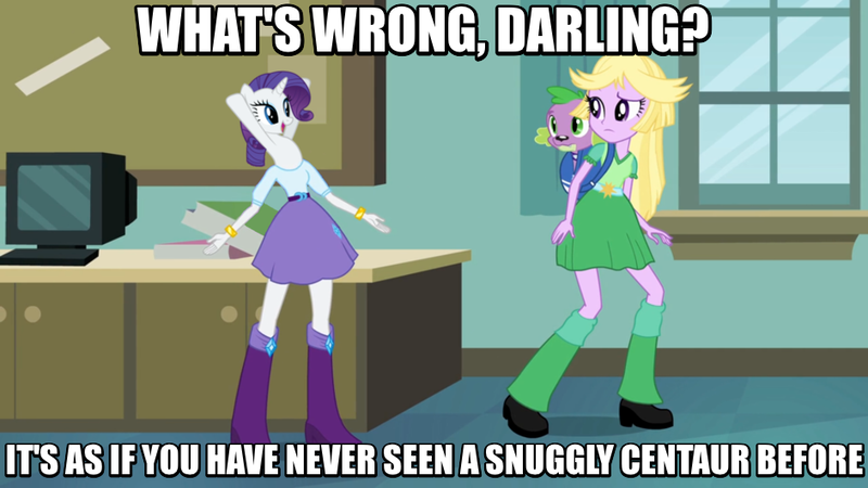 Size: 943x530 | Tagged: safe, derpibooru import, edit, edited screencap, screencap, rarity, spike, twilight sparkle, dog, mantis, mantis pony, reverse centaur, equestria girls, equestria girls (movie), blonde, caption, image macro, imma snuggle you, meme, spike the dog, text, twilight strong, wig