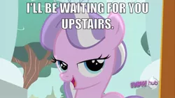 Size: 830x467 | Tagged: safe, derpibooru import, edit, edited screencap, screencap, diamond tiara, pony, caption, female, filly, hub logo, i'll be waiting for you upstairs, image macro, looking at you, meme, solo, text