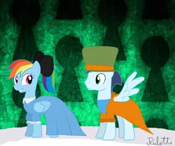 Size: 1024x853 | Tagged: safe, artist:rulette, derpibooru import, rainbow dash, soarin', alice in wonderland, crossover, female, mad hatter, male, parody, rainbow dash always dresses in style, shipping, soarindash, straight