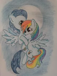 Size: 720x960 | Tagged: safe, artist:kyuuchan09, derpibooru import, rainbow dash, soarin', female, flying, hug, male, moon, old cutie mark, shipping, soarindash, straight, traditional art