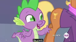 Size: 1280x719 | Tagged: all new, caption, clothes, derpibooru import, edit, edited screencap, equestria games, equestria games (episode), hub logo, meme, ms. harshwhinny, safe, scarf, screencap, spike, text, youtube caption