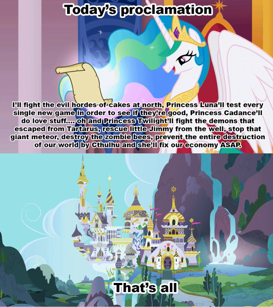 Size: 1021x1149 | Tagged: canterlot, celestia's proclamation, derpibooru import, exploitable meme, meme, princess celestia, safe, trollestia