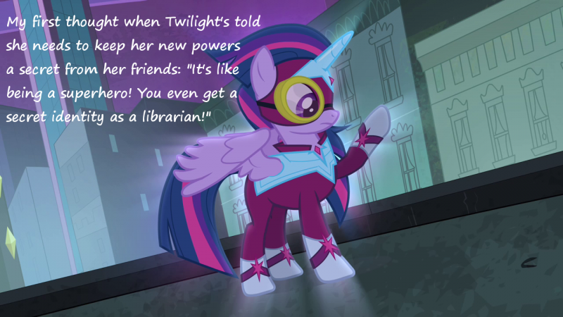 Size: 800x450 | Tagged: safe, derpibooru import, masked matter-horn, twilight sparkle, twilight sparkle (alicorn), alicorn, pony, caption, female, image macro, insane pony thread, mare, power ponies, solo, text