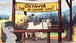 Size: 1366x768 | Tagged: abomination, cloven hooves, cow, derpibooru import, ew gay, female, gravity falls, mabel's album of memories, mutant, not salmon, octavia melody, petting zoo, safe, udder, wat, what has science done, wtf