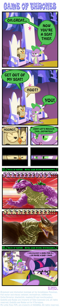 Size: 425x2143 | Tagged: safe, artist:ponymaan, derpibooru import, owlowiscious, spike, twilight sparkle, twilight sparkle (alicorn), alicorn, kaiju, pony, book, comic, female, game of thrones, godzilla, godzilla (series), konami, mare, metal gear, metal gear rising, reading, rodan, rules of nature, sissy slap fight, spikezilla, throne