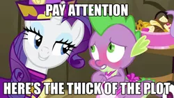 Size: 1152x648 | Tagged: suggestive, derpibooru import, edit, edited screencap, screencap, rarity, spike, dragon, pony, unicorn, dragon quest, apron, blushing, caption, clothes, dj jazzy jeff & the fresh prince, female, image macro, male, mare, meme, naked apron, parents just don't understand, pun, rarity's bad pickup lines, shipping, song reference, sparity, straight, text