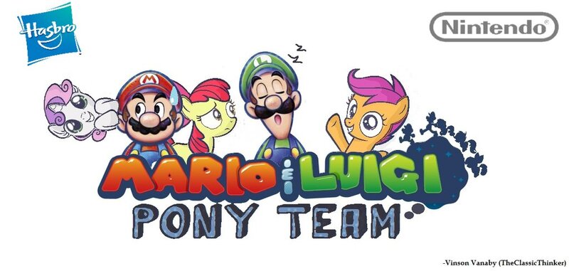 Size: 1024x488 | Tagged: apple bloom, cutie mark crusaders, derpibooru import, hasbro, luigi, mario, mario & luigi, mario & luigi: dream team, nintendo, safe, scootaloo, super mario bros., sweetie belle