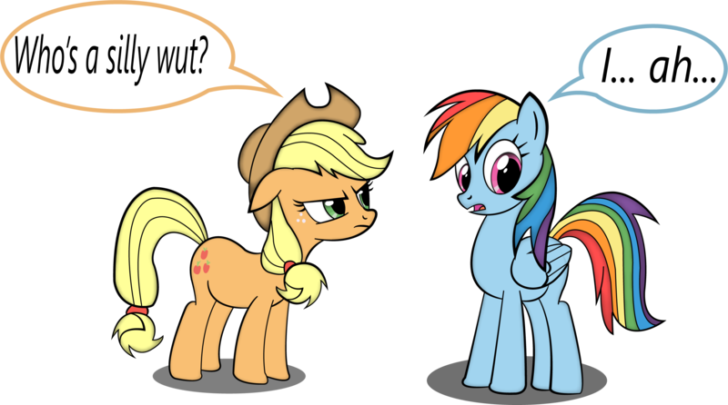 Size: 2572x1435 | Tagged: safe, artist:miroslav46, derpibooru import, applejack, rainbow dash, pony, floppy ears, frown, glare, looking away, nervous, open mouth, silly, silly pony, who's a silly pony