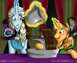 Size: 1683x1388 | Tagged: alicorn, alicornified, anna, artist:namygaga, chocolate fountain, derpibooru import, elsa, frozen (movie), race swap, safe, unshorn fetlocks