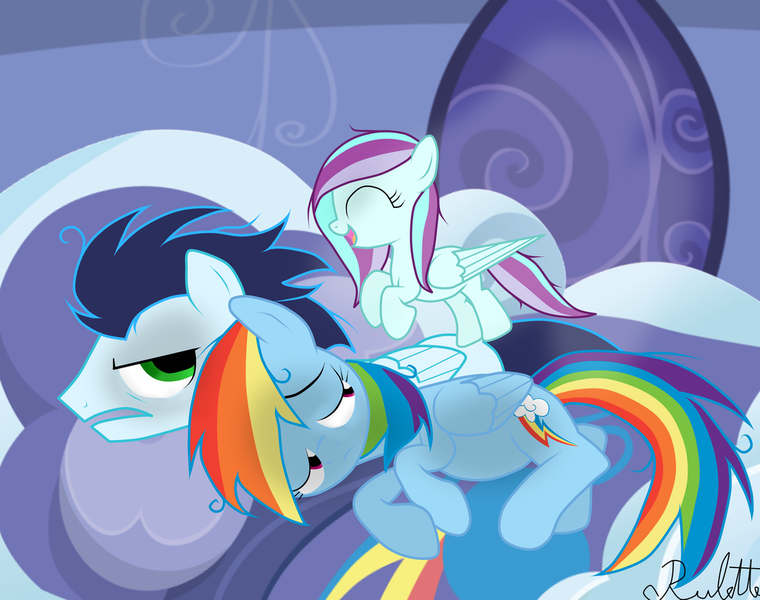 Size: 1024x808 | Tagged: dead source, safe, artist:rulette, derpibooru import, rainbow dash, soarin', oc, oc:crisp breeze, annoyed, bed, cute, eyes closed, female, filly, frown, grumpy, happy, jumping, male, offspring, open mouth, parent:rainbow dash, parent:soarin', parents:soarindash, pregnant, shipping, side, sleeping, smiling, soarindash, straight
