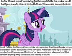 Size: 1280x1002 | Tagged: alicorn, analysis, bronybait, cuddle studies, cuddling, derpibooru import, safe, screencap, snuggling, solo, text, twilight sparkle, twilight sparkle (alicorn)