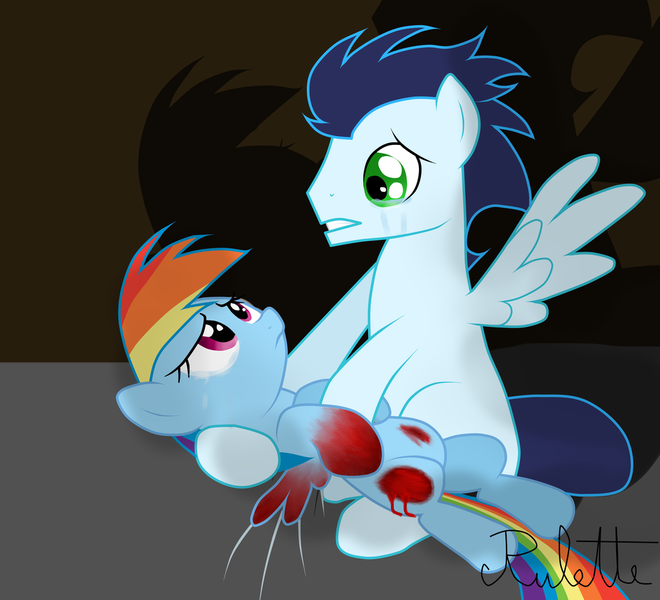 Size: 1024x931 | Tagged: grimdark, artist:rulette, derpibooru import, rainbow dash, soarin', blood, crying, feels, female, male, shipping, soarindash, straight