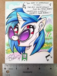 Size: 1200x1600 | Tagged: safe, artist:andypriceart, derpibooru import, vinyl scratch, unicorn, andy you magnificent bastard, earbuds, female, ipod, mare, photo, ruler, sgt. pepper's lonely hearts club band, signature, solo, song, song reference, speech bubble, the beatles, the hoof beats, traditional art