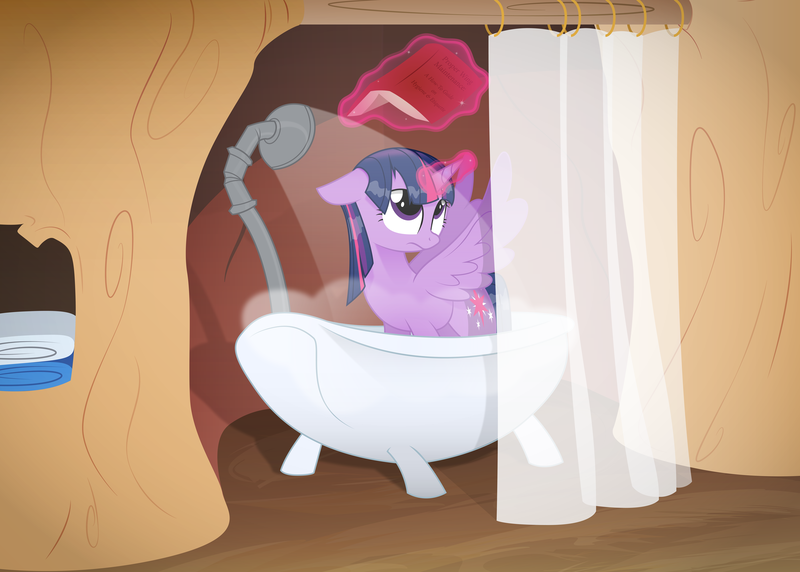 Size: 2836x2026 | Tagged: safe, artist:emkay-mlp, derpibooru import, twilight sparkle, twilight sparkle (alicorn), alicorn, pony, bath, bathtub, book, female, mare, reading, shower, solo, wet, wet mane