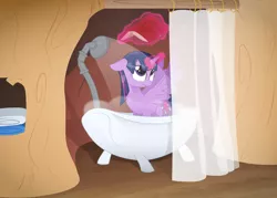 Size: 2836x2026 | Tagged: safe, artist:emkay-mlp, derpibooru import, twilight sparkle, twilight sparkle (alicorn), alicorn, pony, bath, bathtub, book, female, mare, reading, shower, solo, wet, wet mane